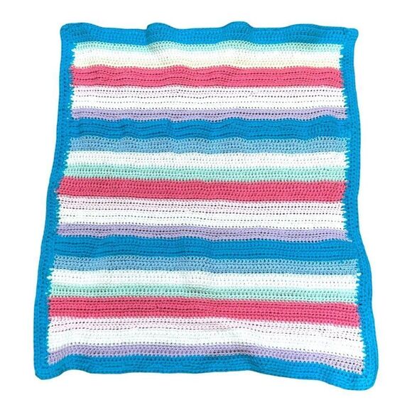 Handmade Crochet Baby Blanket Receiving Shower Gift Pink Blue White Stripes SEE - Picture 1 of 4